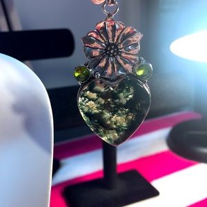 Handcrafted Moss Agate Heart and Silver Flower Pendant